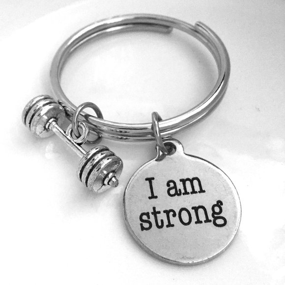 Miniature Barbell I am Strong Exercise Weight lifting Gym Charm Keyring Keychain - Picture 1 of 2